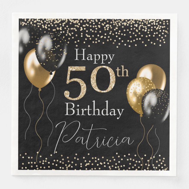 Black and Gold Glitter Balloons 50th Birthday Napkin (Front)