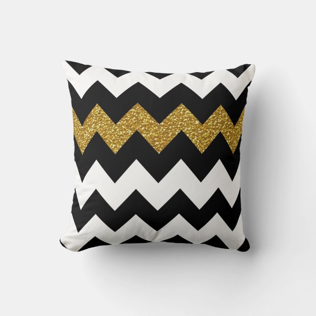 Black and Gold Glitter Chevron on White Throw Pillow (Front)