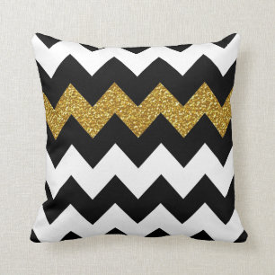 Black and Gold Glitter Chevron on White Throw Pillow