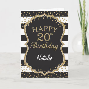 Black and Gold Glitter confetti 20th Birthday Card