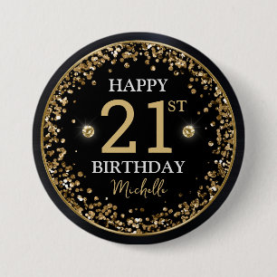 Black and Gold Glitter Confetti Birthday 3 Inch Round Button