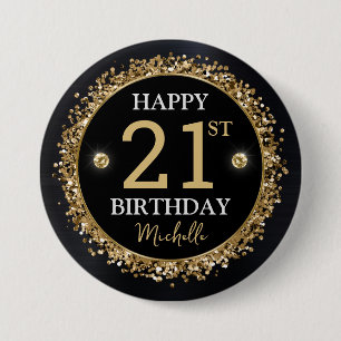 Black and Gold Glitter Confetti Birthday 3 Inch Round Button