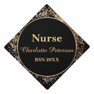 Black and Gold Glitter Confetti Nurse Graduation Cap Topper