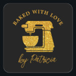 Black And Gold Glitter Custom Baked With Love   Square Sticker<br><div class="desc">Modern and trendy black and gold baked with love stickers. Gold glitter mixer image adds a glam look to the holiday baking gift packs.</div>