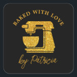 Black And Gold Glitter Custom Baked With Love   Square Sticker<br><div class="desc">Modern and trendy black and gold baked with love stickers. Gold glitter mixer image adds a glam look to the holiday baking gift packs.</div>
