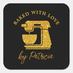 Black And Gold Glitter Custom Baked With Love   Square Sticker