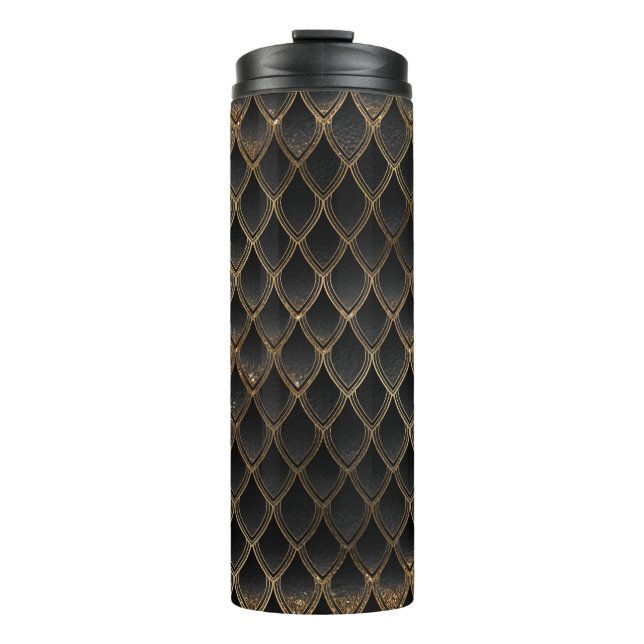 Black and Gold Glitter Dragon Scale Pattern Thermal Tumbler (Front)