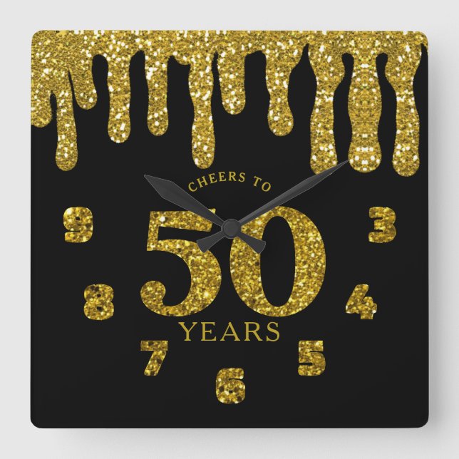 Black And Gold Glitter Drips Cheers to 50 Years Square Wall Clock (Front)