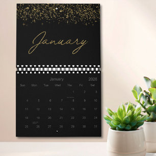 Black and Gold Glitter Elegant Modern Script 2026 Calendar