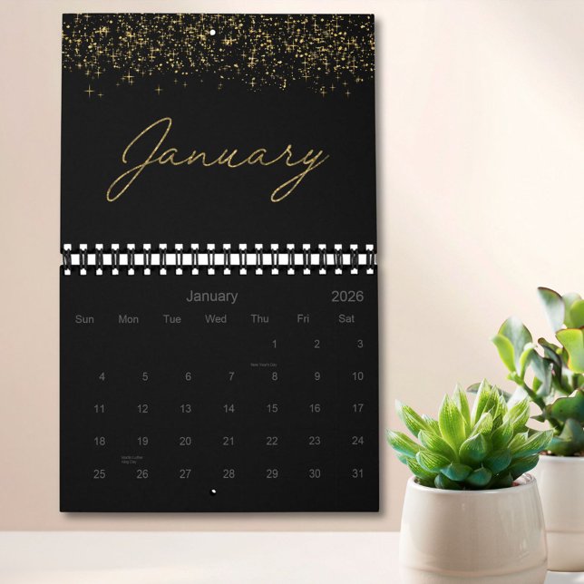 Black and Gold Glitter Elegant Modern Script 2026 Calendar (In situ)