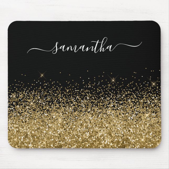 Black and Gold Glitter Elegant Name Mouse Pad (Front)