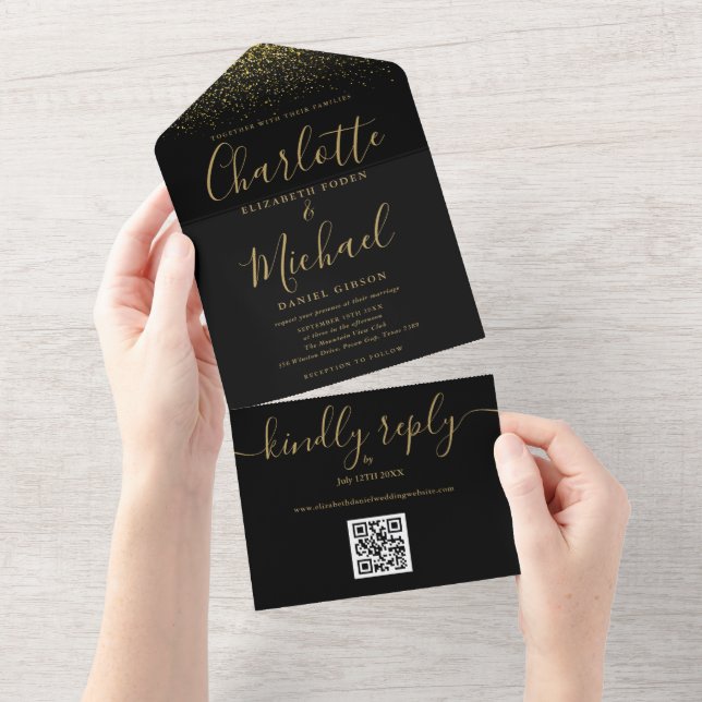 Black And Gold Glitter Elegant QR Code Wedding All In One Invitation (Tearaway)