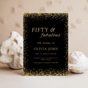 Black and Gold Glitter Fifty & Fabulous Birthday Invitation