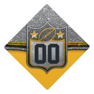 Black and Gold Glitter Football Jersey Number Graduation Cap Topper