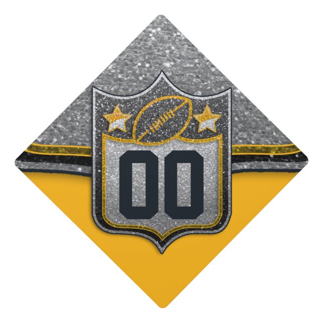 Black and Gold Glitter Football Jersey Number Graduation Cap Topper (Front)