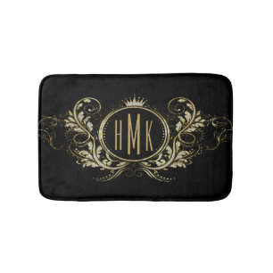 Black And Gold Glitter Girly Floral Frame Bath Mat