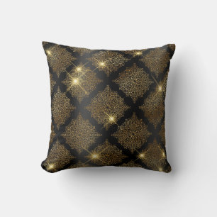 Black and Gold Glitter Glam Filigree Pattern Throw Pillow