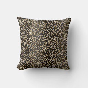 Black and Gold Glitter Glam Leopard Spots Print Throw Pillow