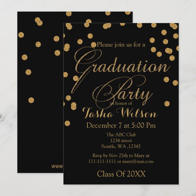 Black and Gold Glitter Graduation Invite (Front/Back)