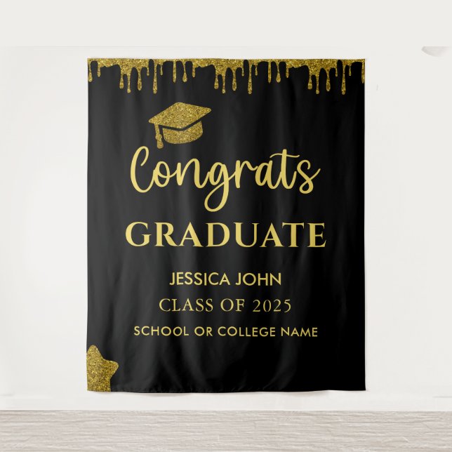 Black And Gold Glitter Graduation Photo Backdrop Tapestry (Front)