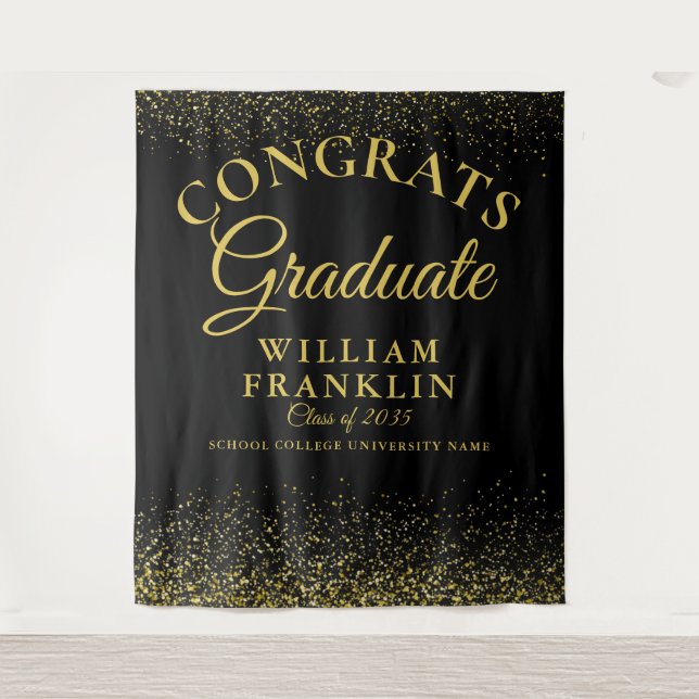 Black And Gold Glitter Graduation Photo Backdrop Tapestry (Front)