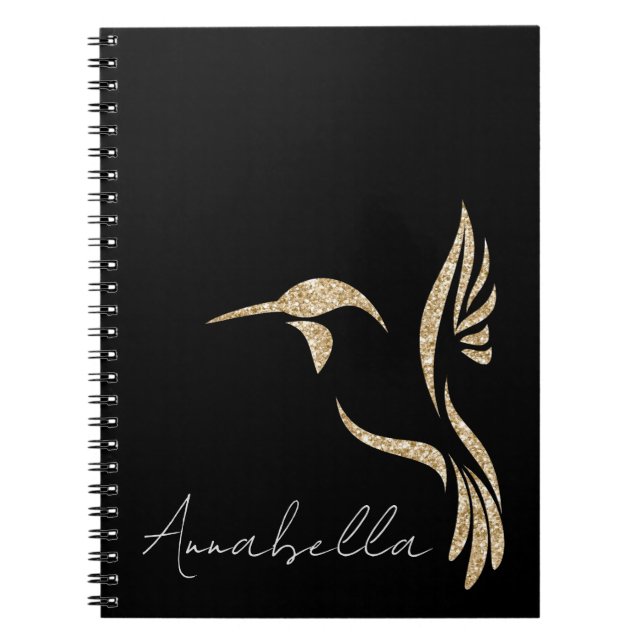 Black and Gold Glitter Hummingbird Custom Name Notebook (Front)