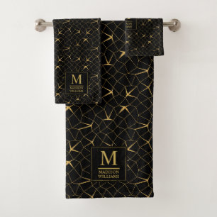 Black and Gold Glitter Luxury Geometric Pattern Bath Towel Set
