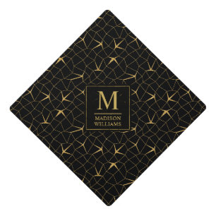 Black and Gold Glitter Luxury Geometric Pattern Graduation Cap Topper