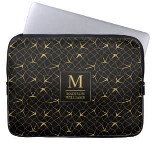 Black and Gold Glitter Luxury Geometric Pattern Laptop Sleeve