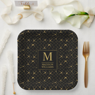 Black and Gold Glitter Luxury Geometric Pattern Paper Plate