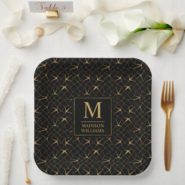 Black and Gold Glitter Luxury Geometric Pattern Paper Plate (Wedding)