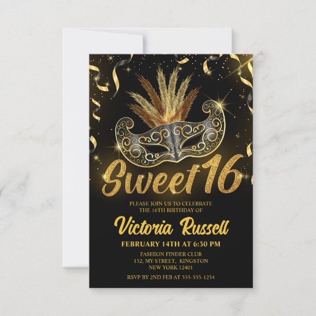 Black and Gold Glitter Masquerade Mask Sweet 16 Invitation (Front)