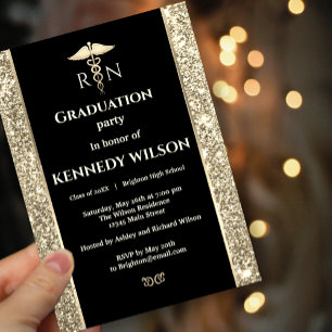 Black and Gold Glitter Medical Graduation Invitation