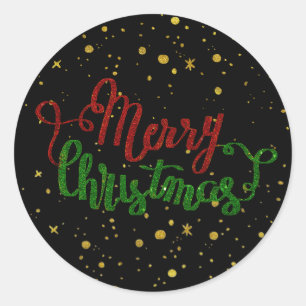 Black And Gold Glitter Merry Christmas Classic Round Sticker