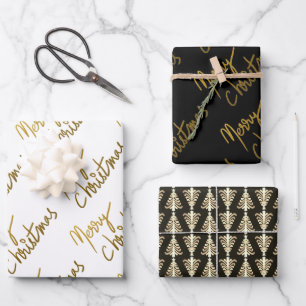 Black And Gold Glitter Merry Christmas Typography Wrapping Paper Sheet