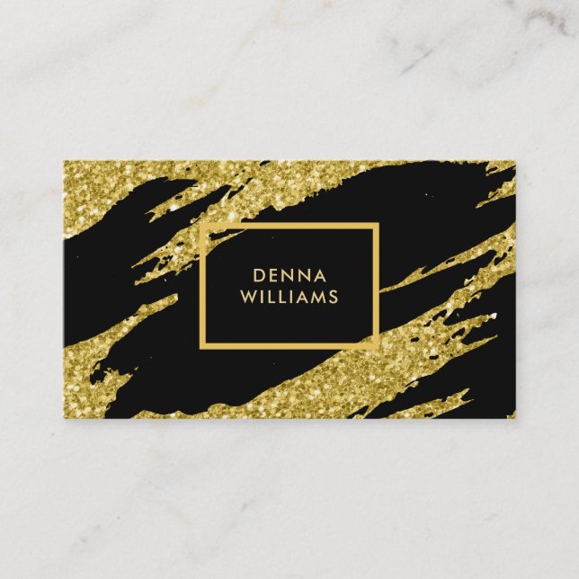 Black and gold glitter messy brushstrokes business card (Front)