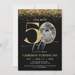 Black and Gold Glitter Modern Photo 50th Birthday Invitation