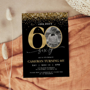 Black and Gold Glitter Modern Photo 60th Birthday Invitation