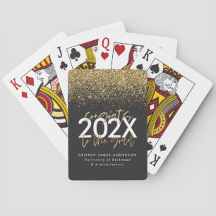 Black and gold glitter modern script graduation playing cards