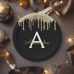 Black and Gold Glitter Monogram Birthday Paper Plate