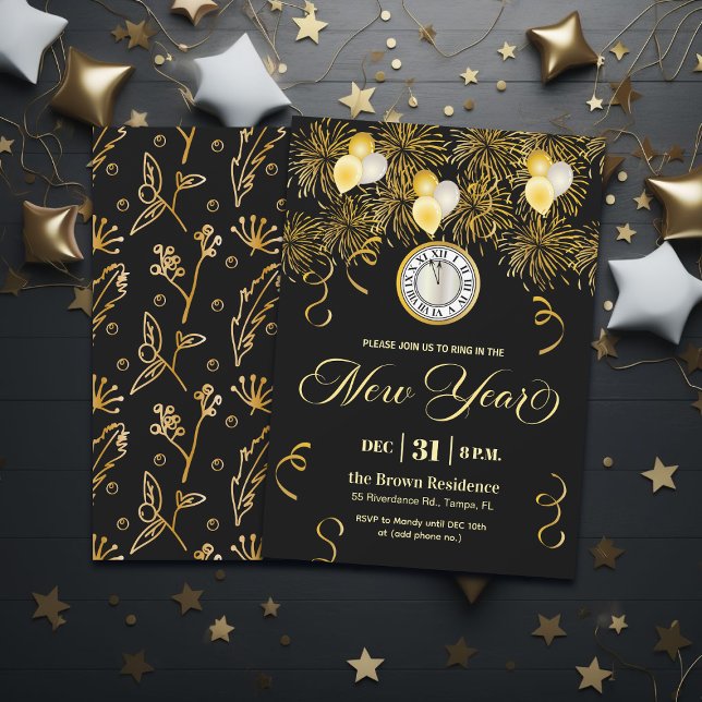Black and Gold Glitter New Year's Eve Party  Invitation (Creator Uploaded)