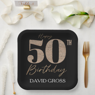 Black and Gold Glitter Numeral 50th Birthday Paper Plate