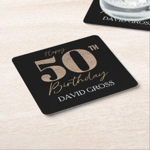 Black and Gold Glitter Numeral 50th Birthday Square Paper Coaster
