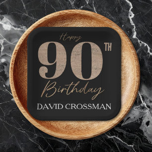 Black and Gold Glitter Numeral 90th Birthday  Paper Plate