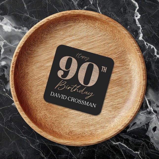 Black and Gold Glitter Numeral 90th Birthday  Square Paper Coaster (Creator Uploaded)