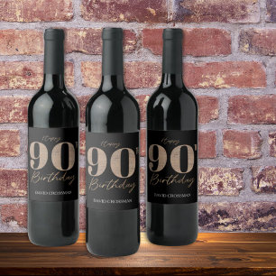 Black and Gold Glitter Numeral 90th Birthday Wine Label