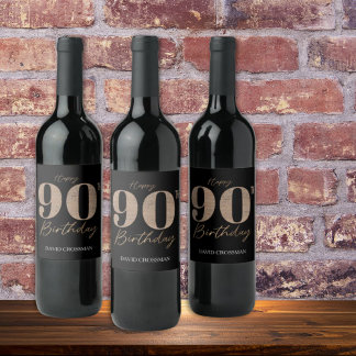 Black and Gold Glitter Numeral 90th Birthday  Wine Label