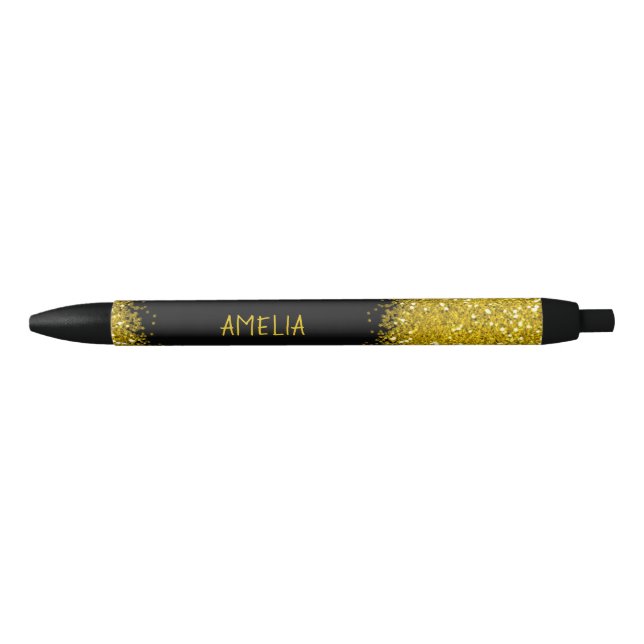 Black And Gold Glitter Personalized Name Ink Pen (Front)