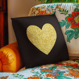 Black and Gold Glitter Photo Heart Throw Pillow
