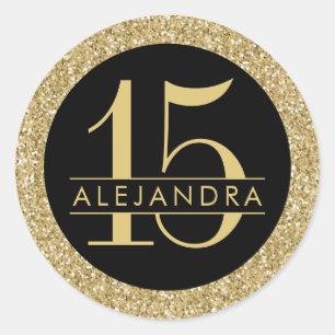 Black and Gold Glitter Quince Años Sticker Label